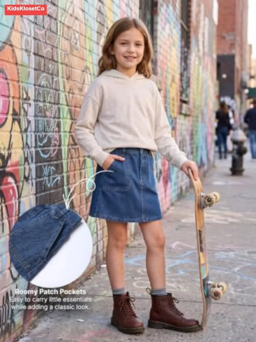 Girls A-Line Denim Skirt with Elastic Back Waistband and Pockets